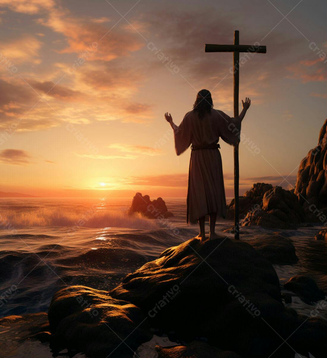 Jesus orando ao pôr do sol no mar