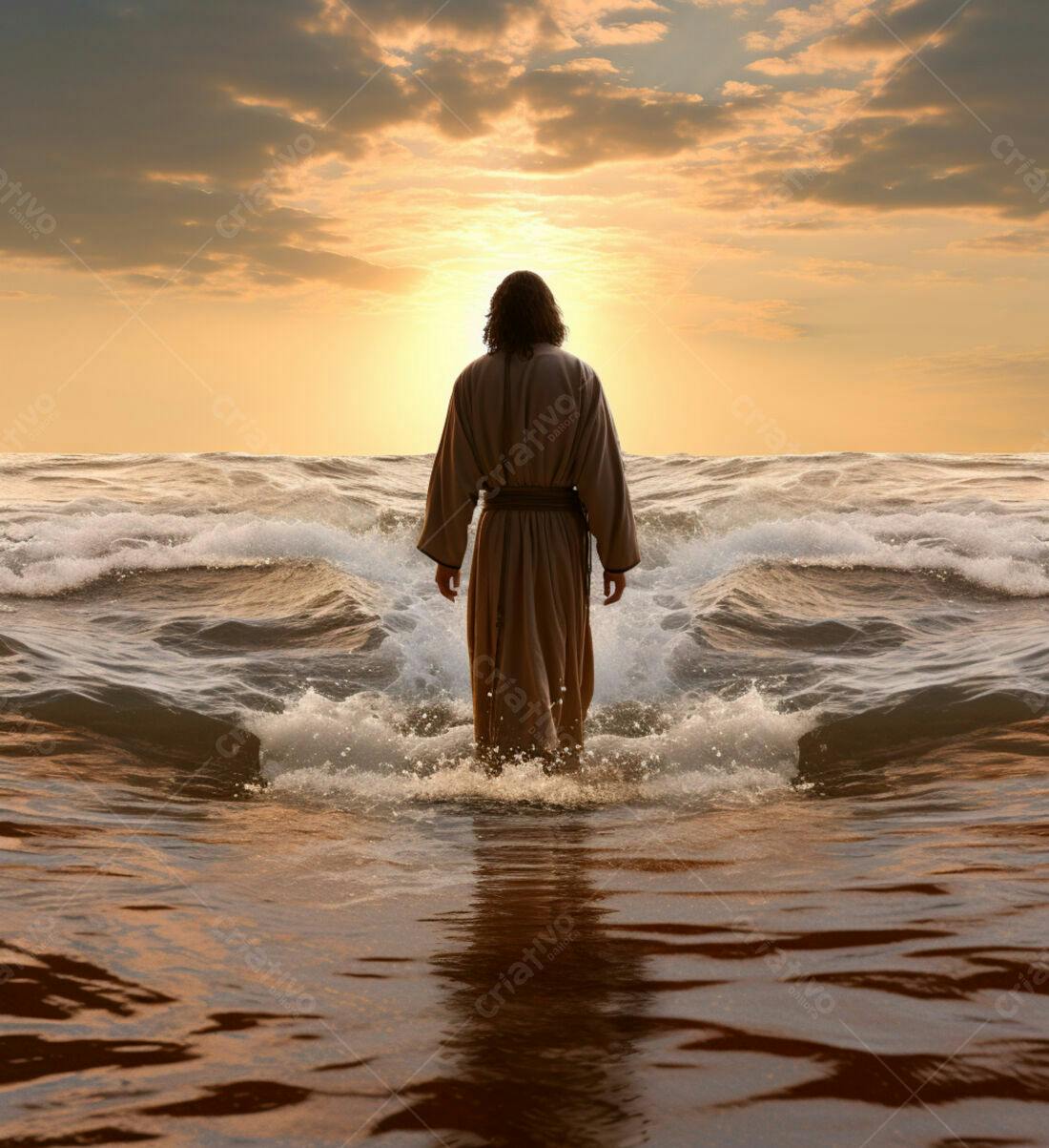 Jesus caminhando sobre as águas ao pôr do sol