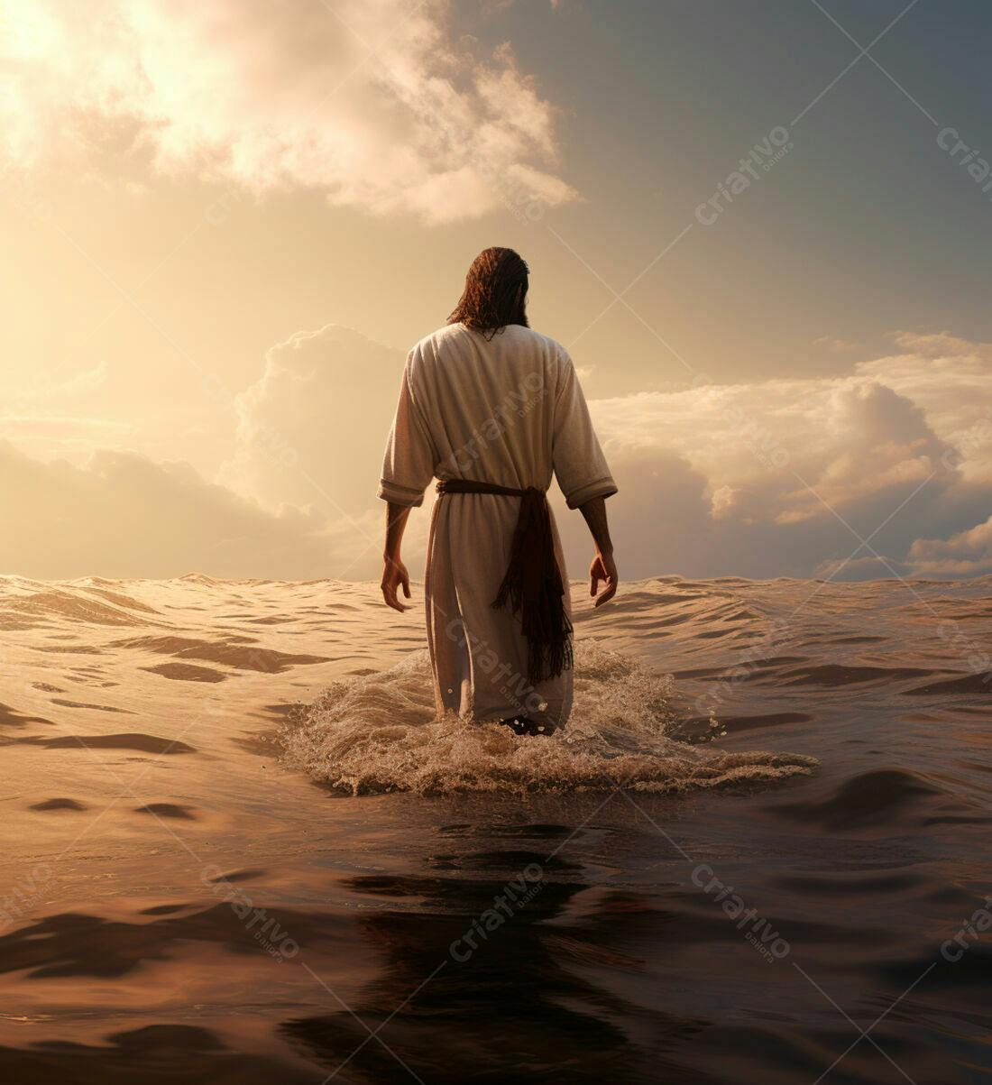 Jesus caminhando sobre as águas ao pôr do sol