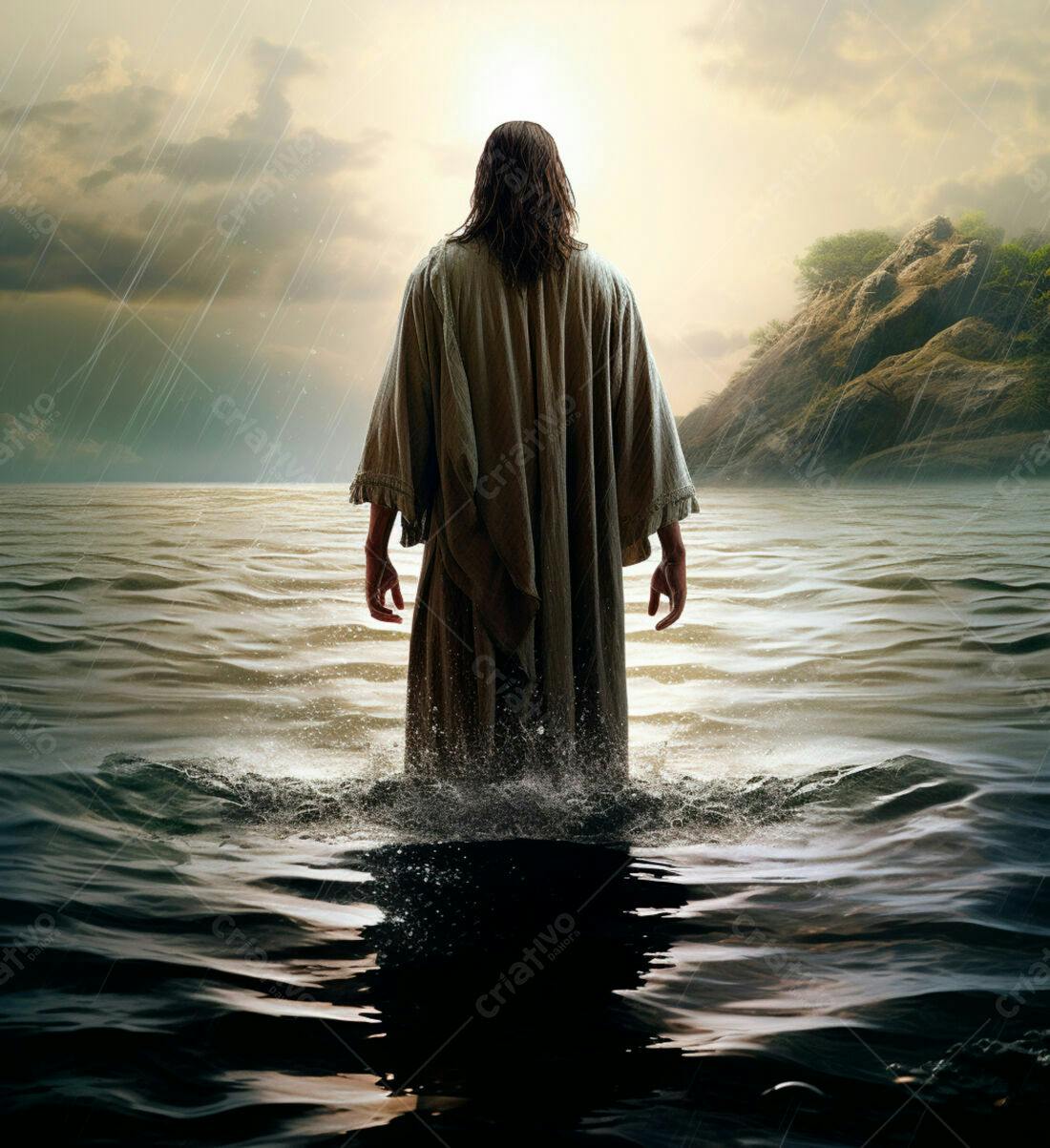 Jesus caminhando sobre as águas ao entardecer