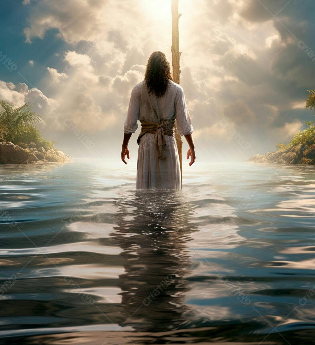 Jesus caminhando sobre as águas ao amanhecer