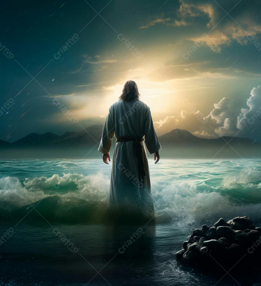 Jesus na praia ao amanhecer