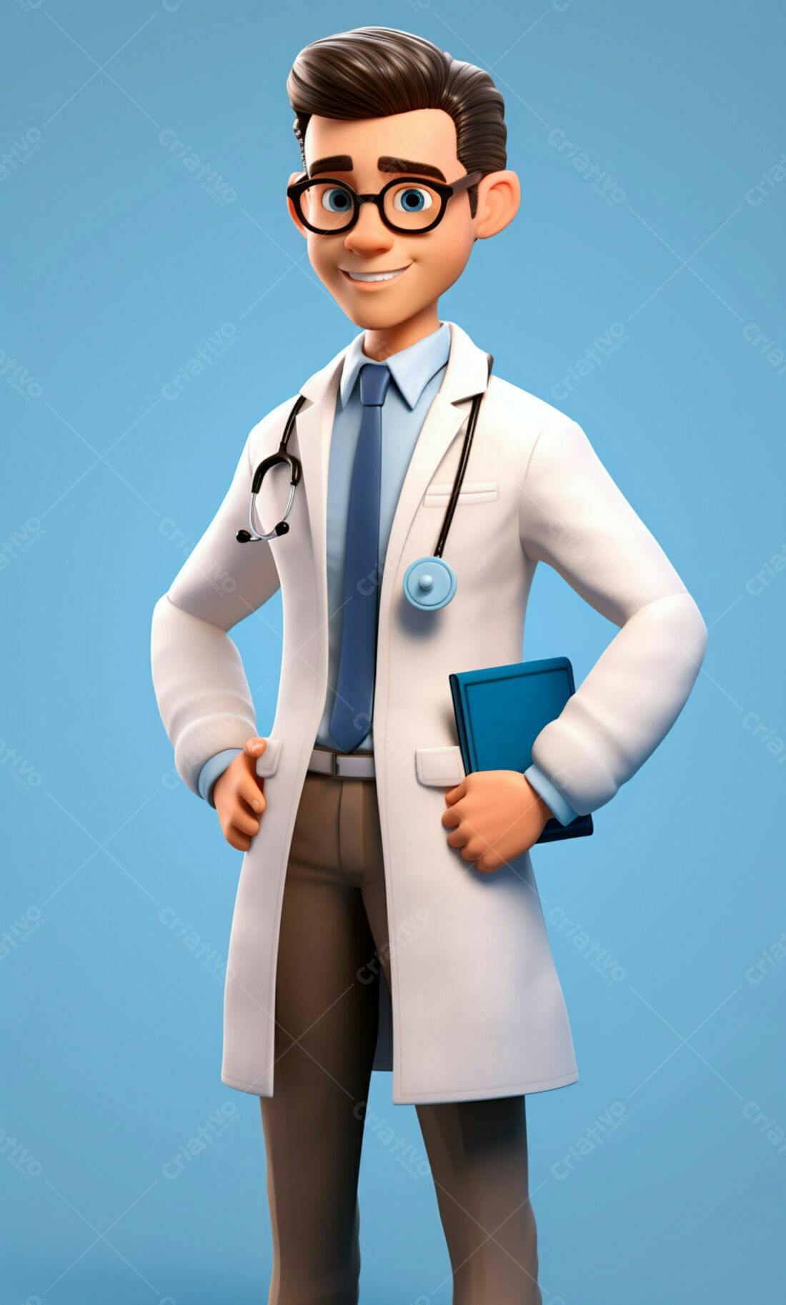 Médico desenho animado alegre segurando prancheta