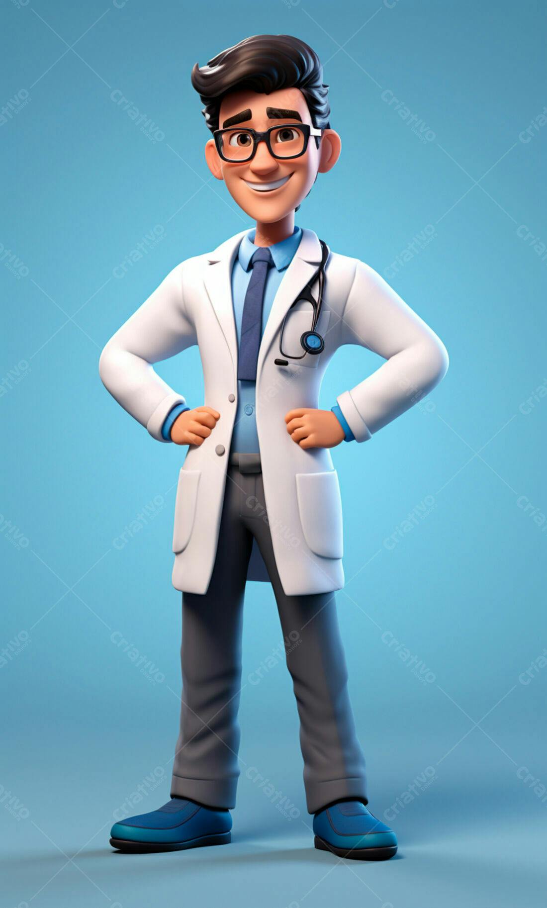 Médico cartum alegre fundo azul