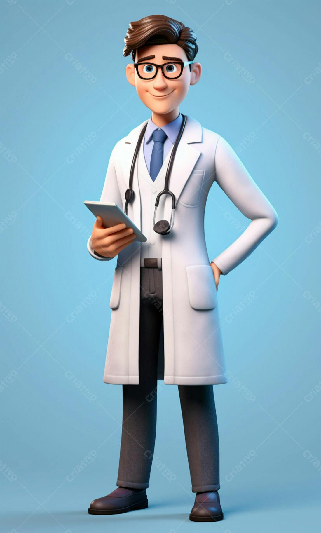 Médico de desenho animado segurando tablet
