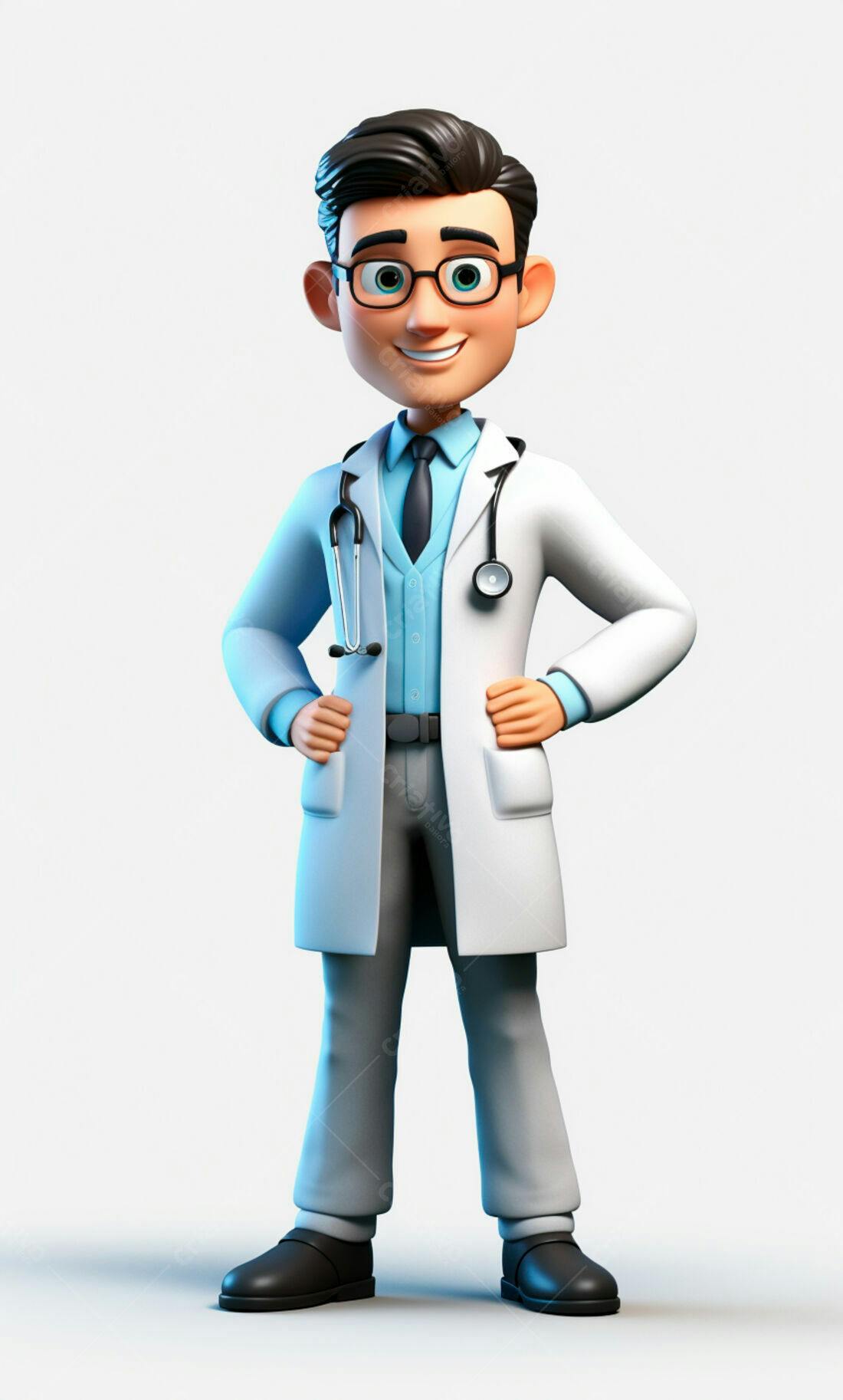 Médico de desenho animado alegre em jaleco branco