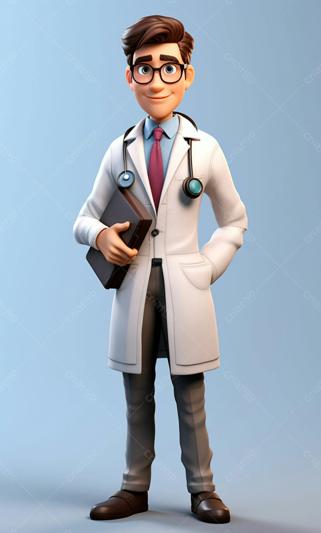 Médico 3D sorrindo com prancheta