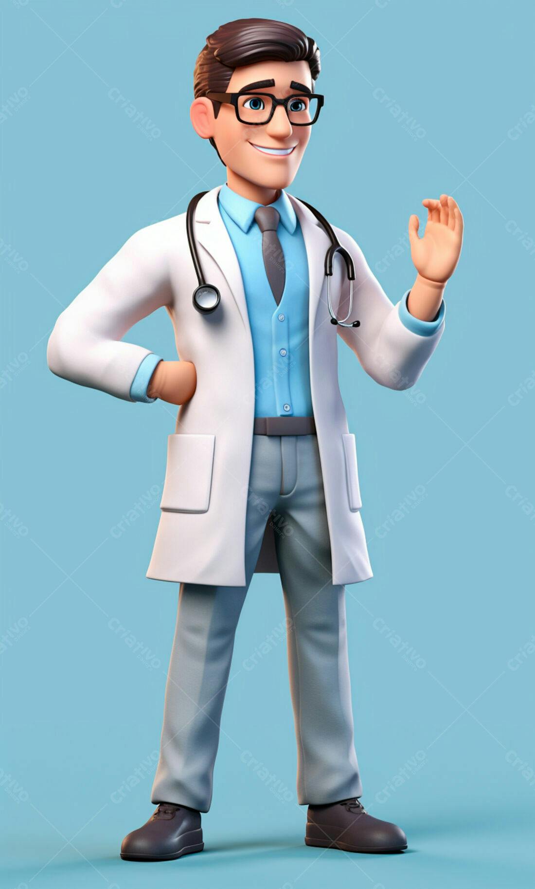 Médico 3D sorrindo e acenando