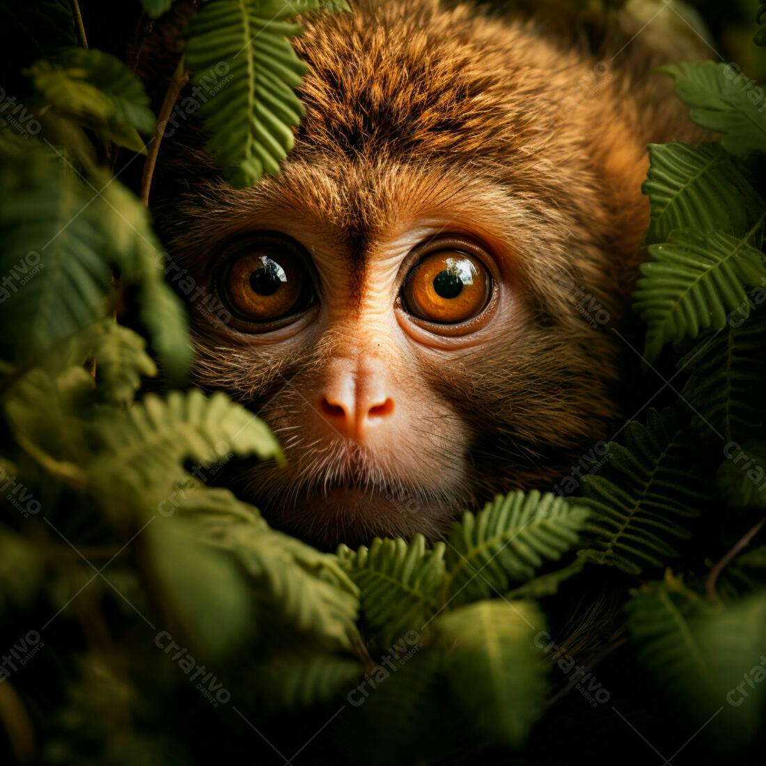Macaco jovem em meio a folhagem verde
