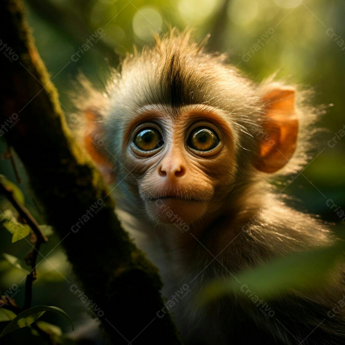 Macaco bebê com olhos grandes na floresta