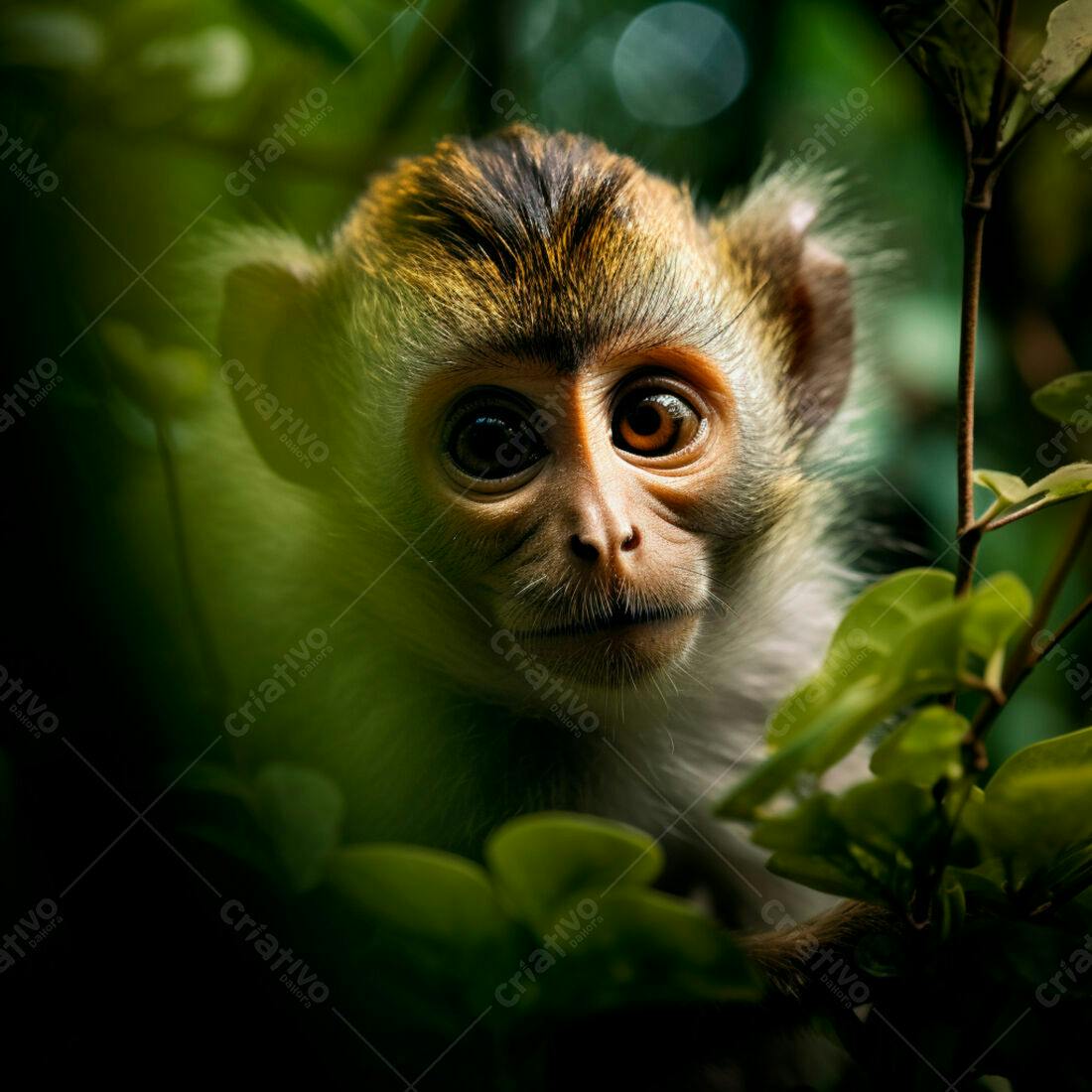 Macaco bebê na floresta verde escura
