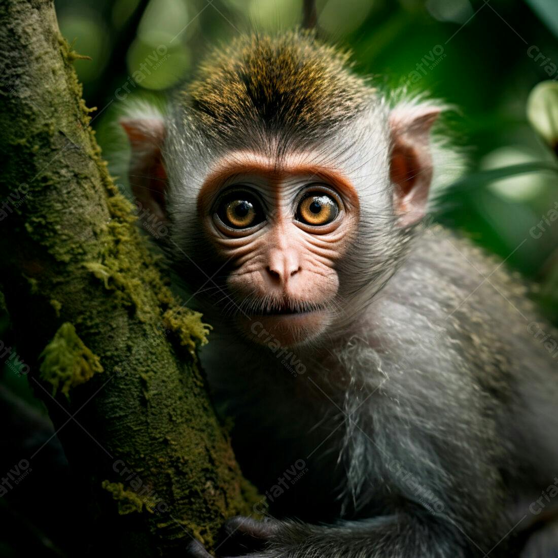 Macaquinho curioso em tronco de árvore