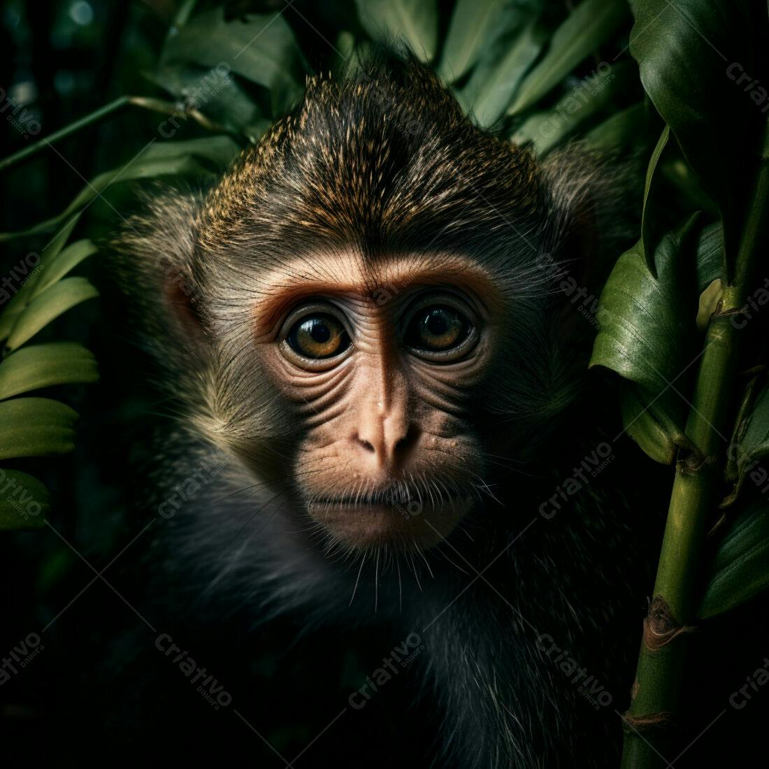 Macaco jovem na floresta escura