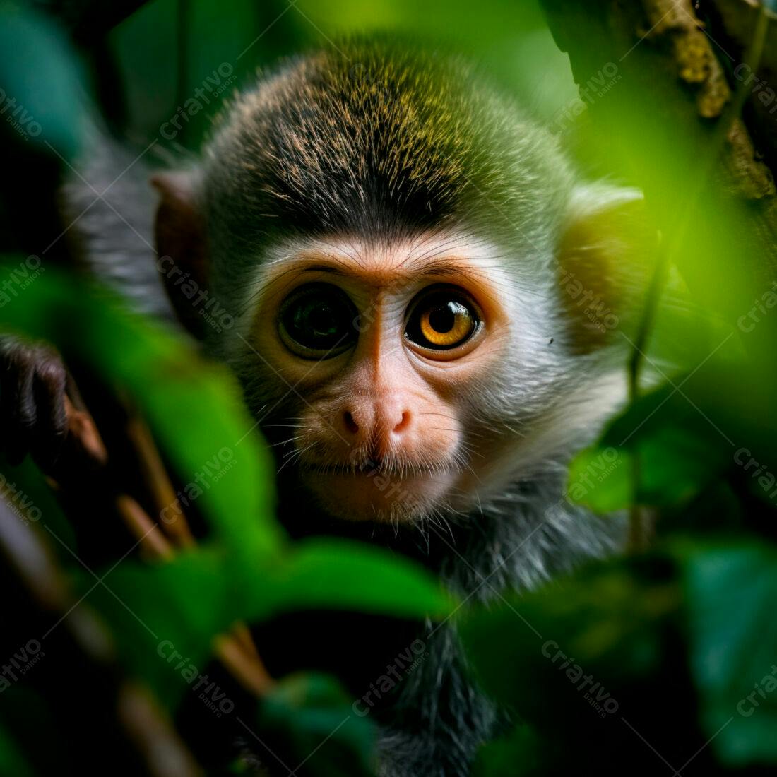 Macaco bebê em floresta verde