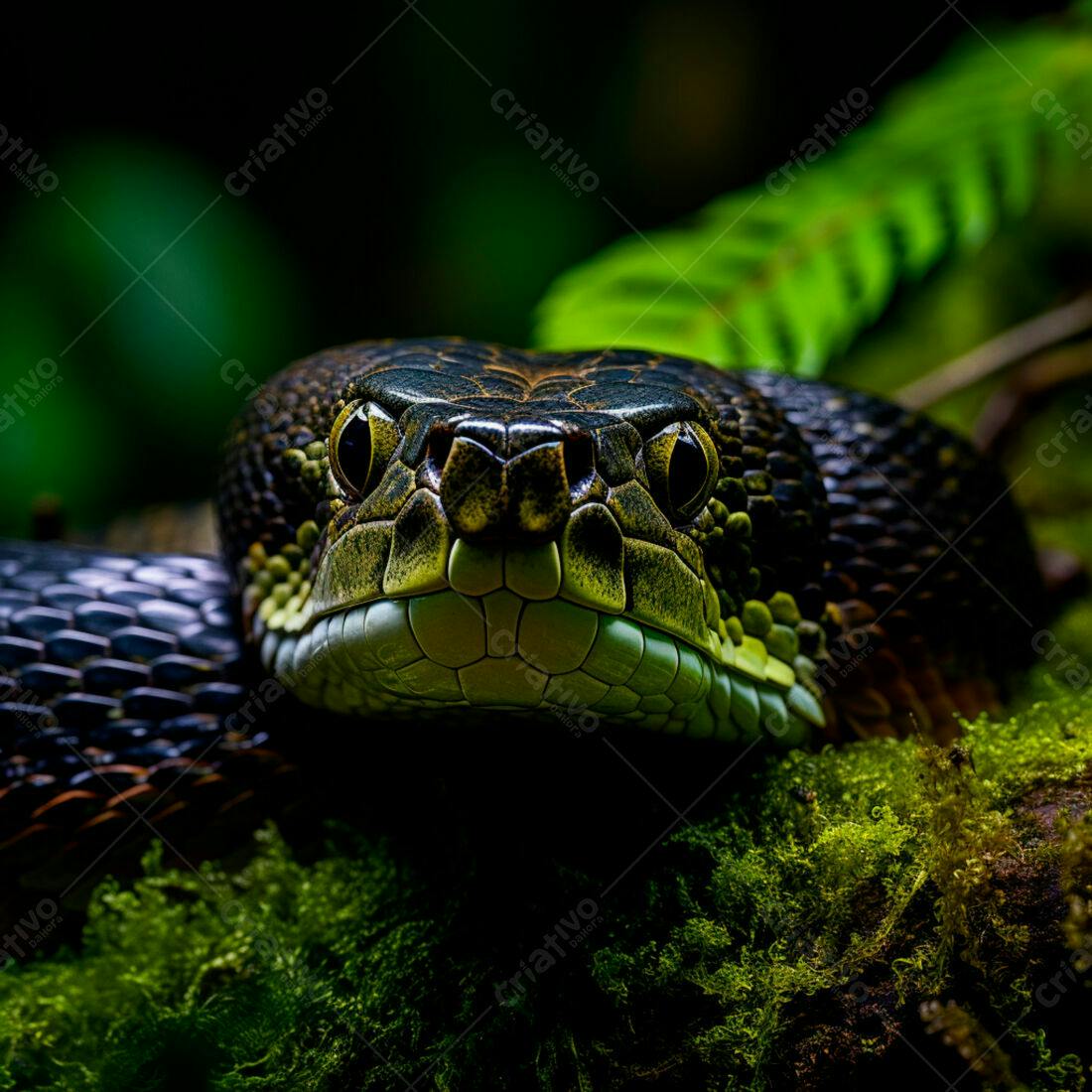 Cobra verde e preta em floresta escura