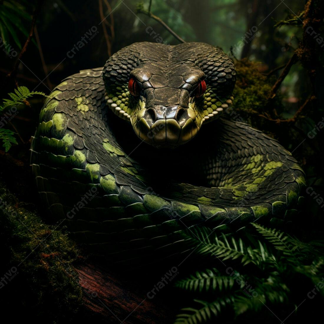 Cobra verde e negra em floresta escura