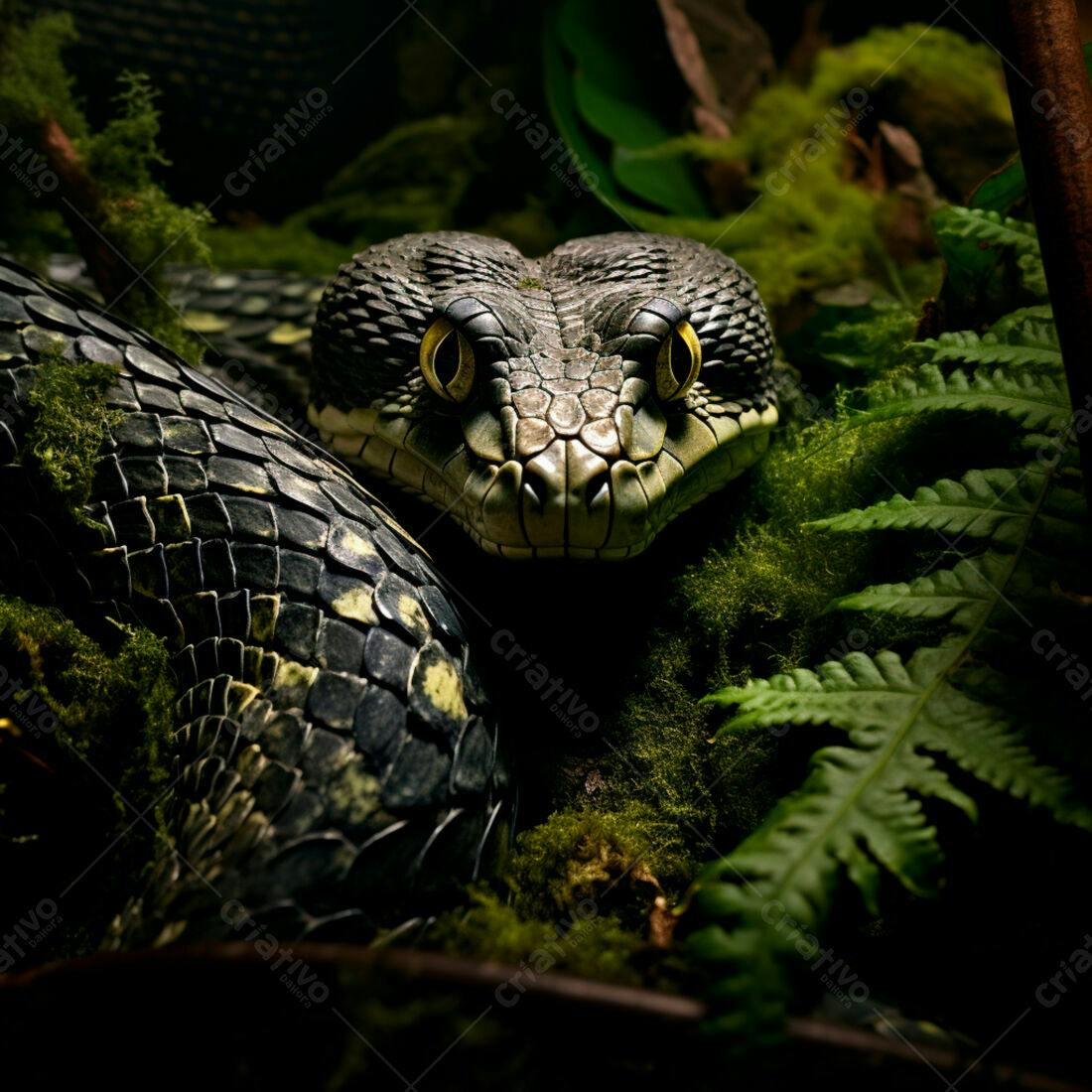 Cobra verde e preta em ambiente de floresta