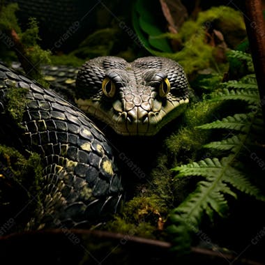 Close da cabeça de uma cobra gigante na floresta 6