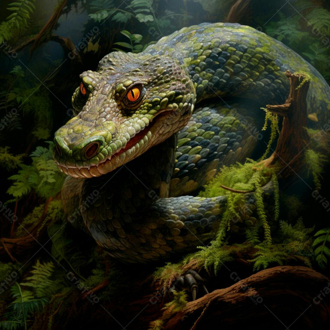 Cobra semelhante a crocodilo em floresta escura