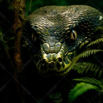 Close da cabeça de uma cobra gigante na floresta 11