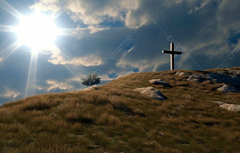 Imagem de cruz no topo da colina com raio solar de um lindo pôr do sol 9