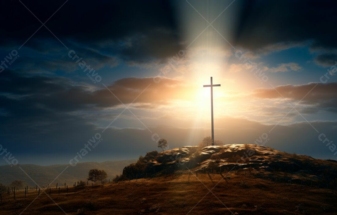 Cruz em colina ao nascer do sol