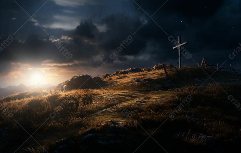 Imagem de cruz no topo da colina com raio solar de um lindo pôr do sol 14
