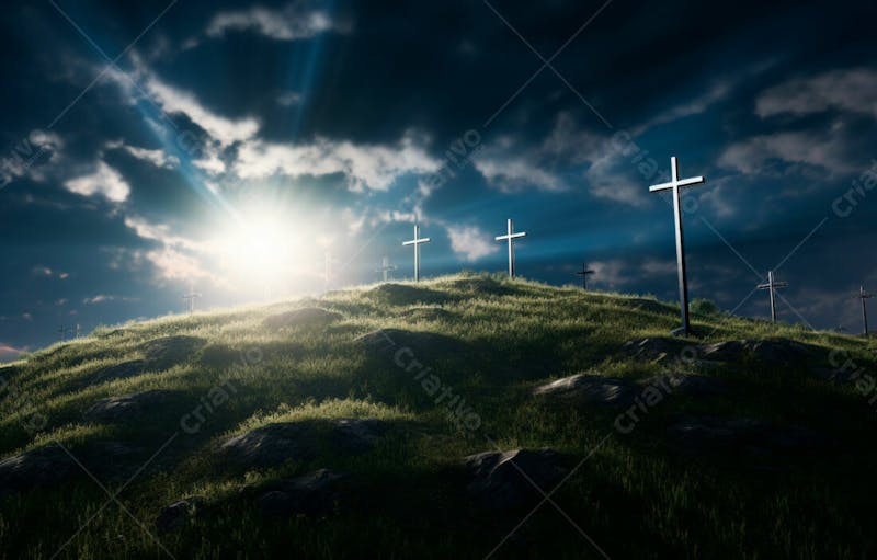 Imagem de cruz no topo da colina com raio solar de um lindo pôr do sol 15