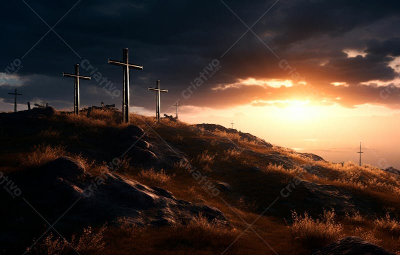 Imagem de cruz no topo da colina com raio solar de um lindo pôr do sol 18