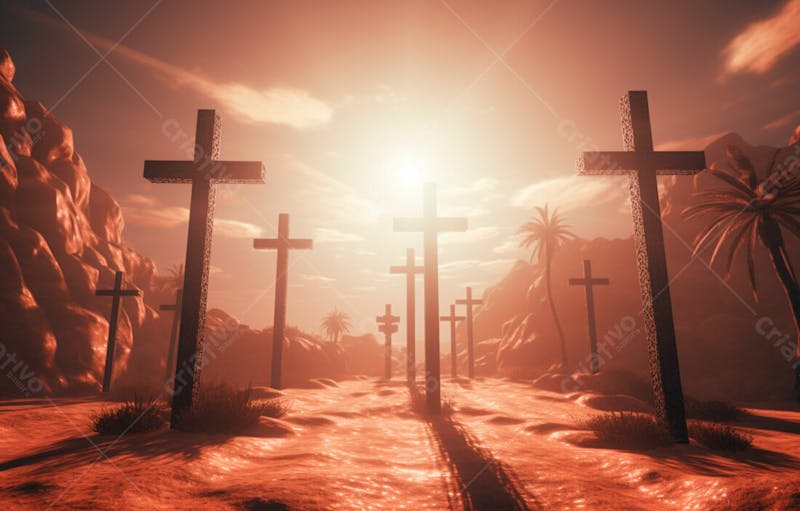Imagem de cruz no topo da colina com raio solar de um lindo pôr do sol 23