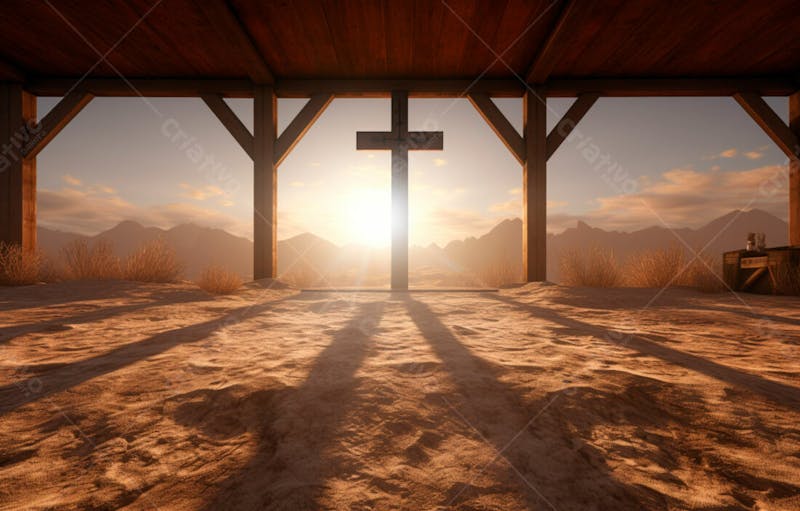 Imagem de cruz no topo da colina com raio solar de um lindo pôr do sol 26