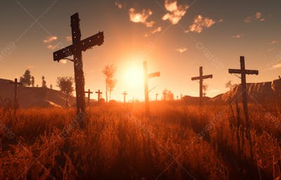 Imagem De Cruz No Topo Da Colina Com Raio Solar De Um Lindo Pôr Do Sol 31