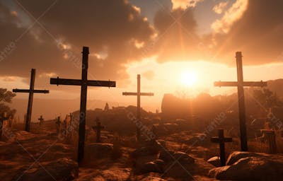 Imagem De Cruz No Topo Da Colina Com Raio Solar De Um Lindo Pôr Do Sol 32