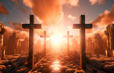 Imagem De Cruz No Topo Da Colina Com Raio Solar De Um Lindo Pôr Do Sol 33