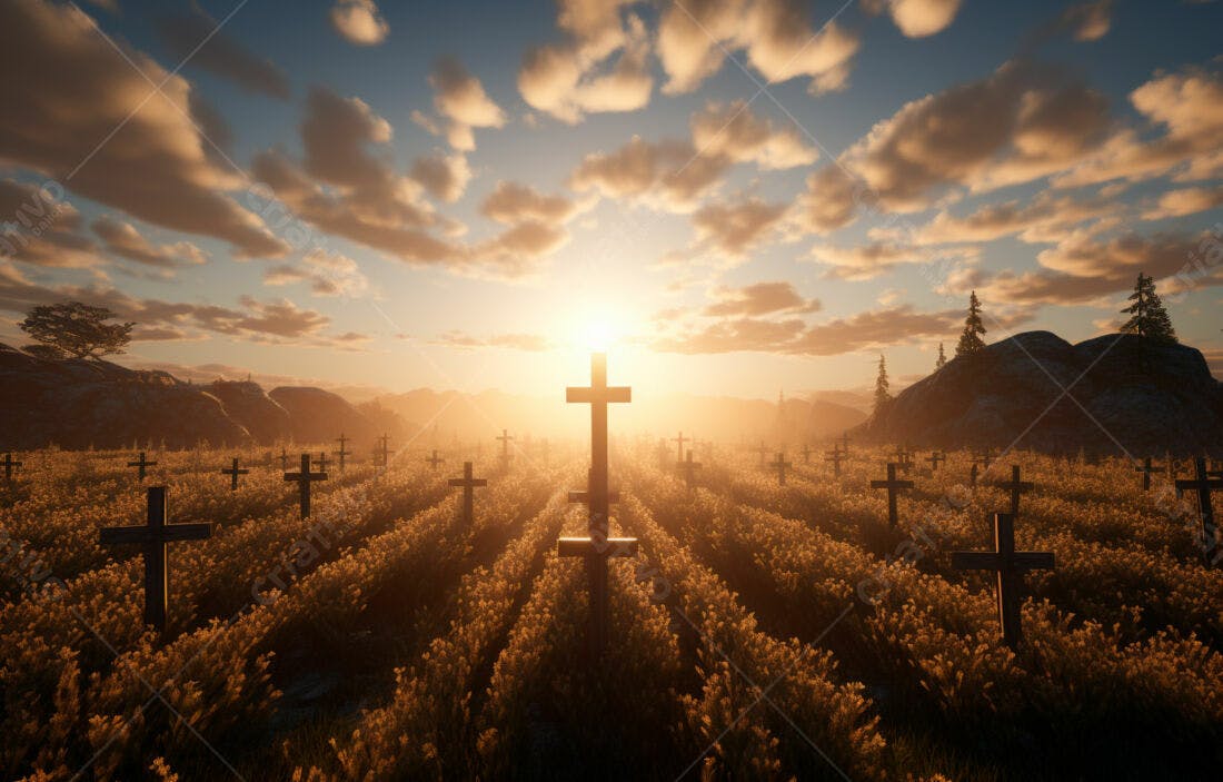 Cruzes em Campo de Flores ao Entardecer
