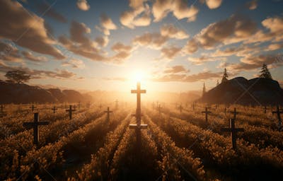 Imagem De Cruz No Topo Da Colina Com Raio Solar De Um Lindo Pôr Do Sol 34