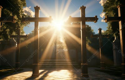 Imagem De Cruz No Topo Da Colina Com Raio Solar De Um Lindo Pôr Do Sol 35