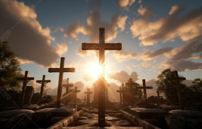 Imagem De Cruz No Topo Da Colina Com Raio Solar De Um Lindo Pôr Do Sol 36