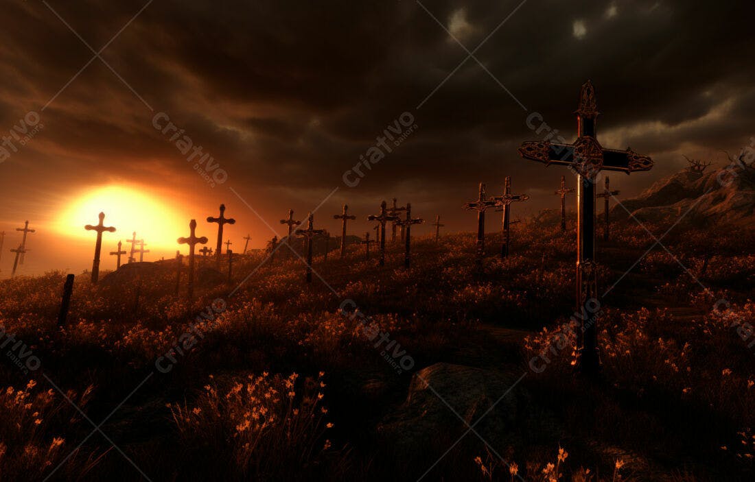 Cruzes num cemitério ao entardecer