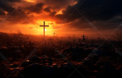 Imagem De Cruz No Topo Da Colina Com Raio Solar De Um Lindo Pôr Do Sol 40