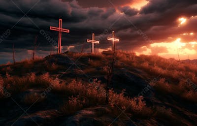 Imagem De Cruz No Topo Da Colina Com Raio Solar De Um Lindo Pôr Do Sol 41