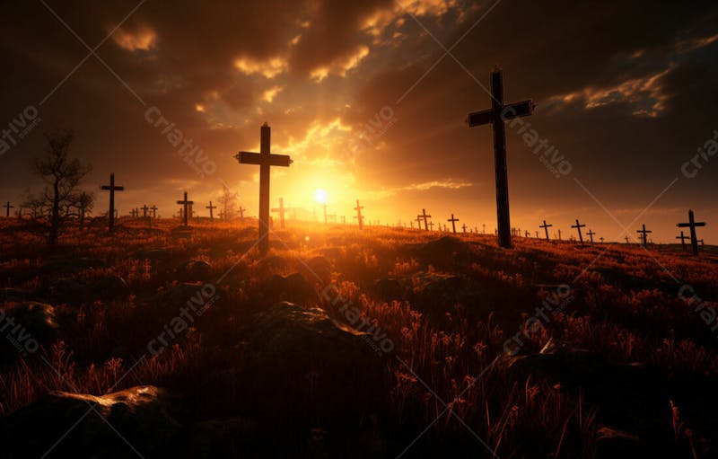 Imagem de cruz no topo da colina com raio solar de um lindo pôr do sol 42