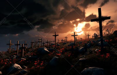 Imagem De Cruz No Topo Da Colina Com Raio Solar De Um Lindo Pôr Do Sol 43