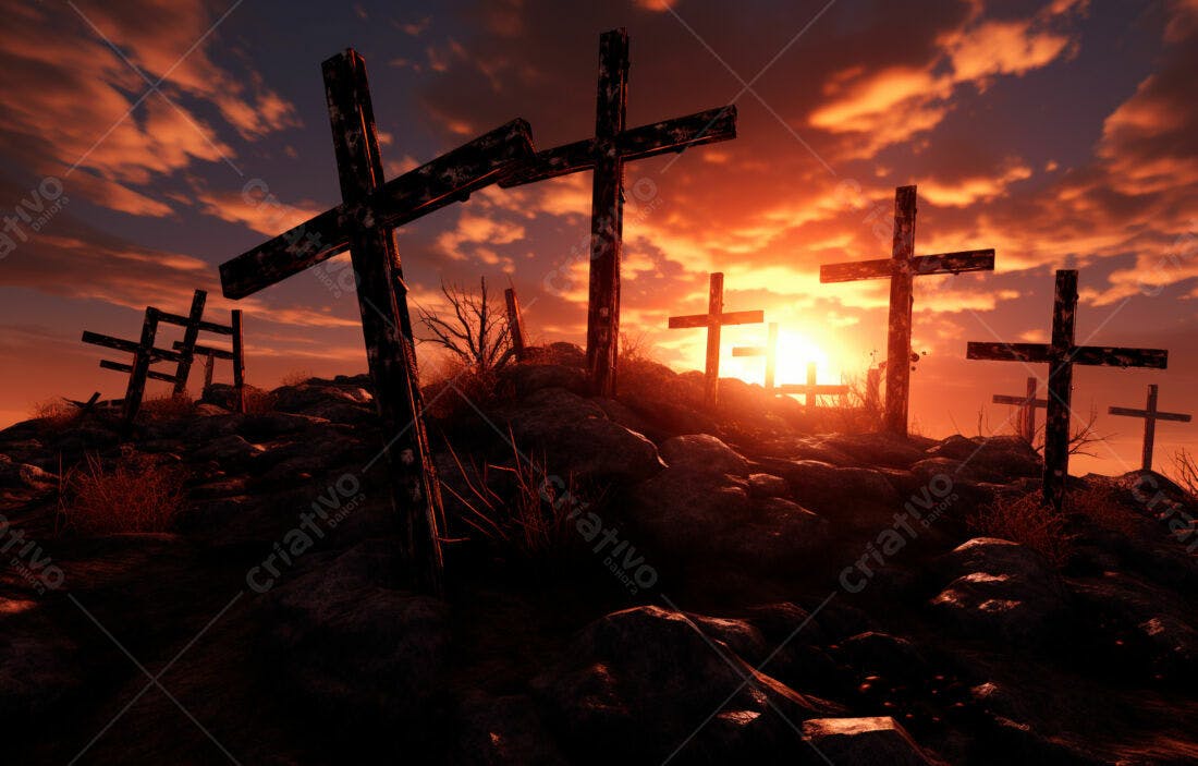 Cruzes antigas ao pôr do sol