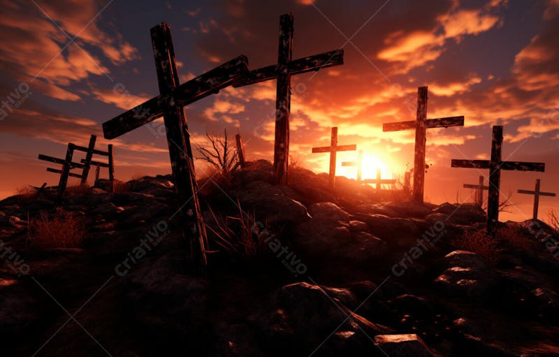 Imagem de cruz no topo da colina com raio solar de um lindo pôr do sol 44