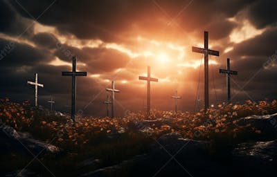 Imagem De Cruz No Topo Da Colina Com Raio Solar De Um Lindo Pôr Do Sol 45
