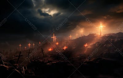 Imagem De Cruz No Topo Da Colina Com Raio Solar De Um Lindo Pôr Do Sol 46
