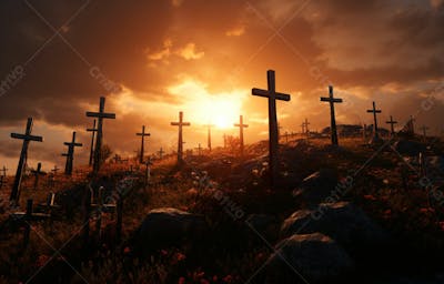 Imagem De Cruz No Topo Da Colina Com Raio Solar De Um Lindo Pôr Do Sol 47