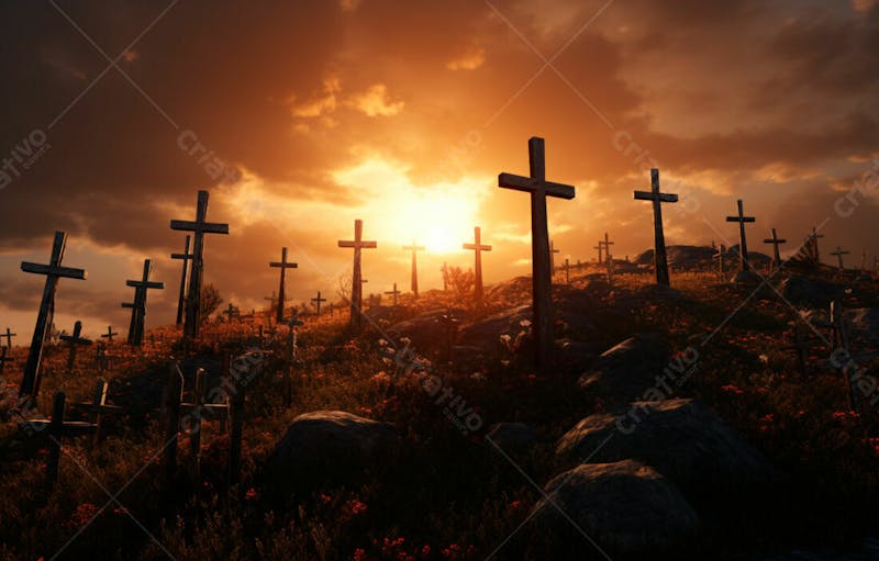 Imagem de cruz no topo da colina com raio solar de um lindo pôr do sol 47