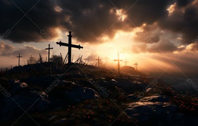 Imagem De Cruz No Topo Da Colina Com Raio Solar De Um Lindo Pôr Do Sol 48